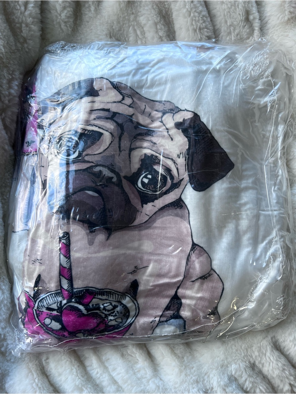 Pug Print Blanket - Pink and White